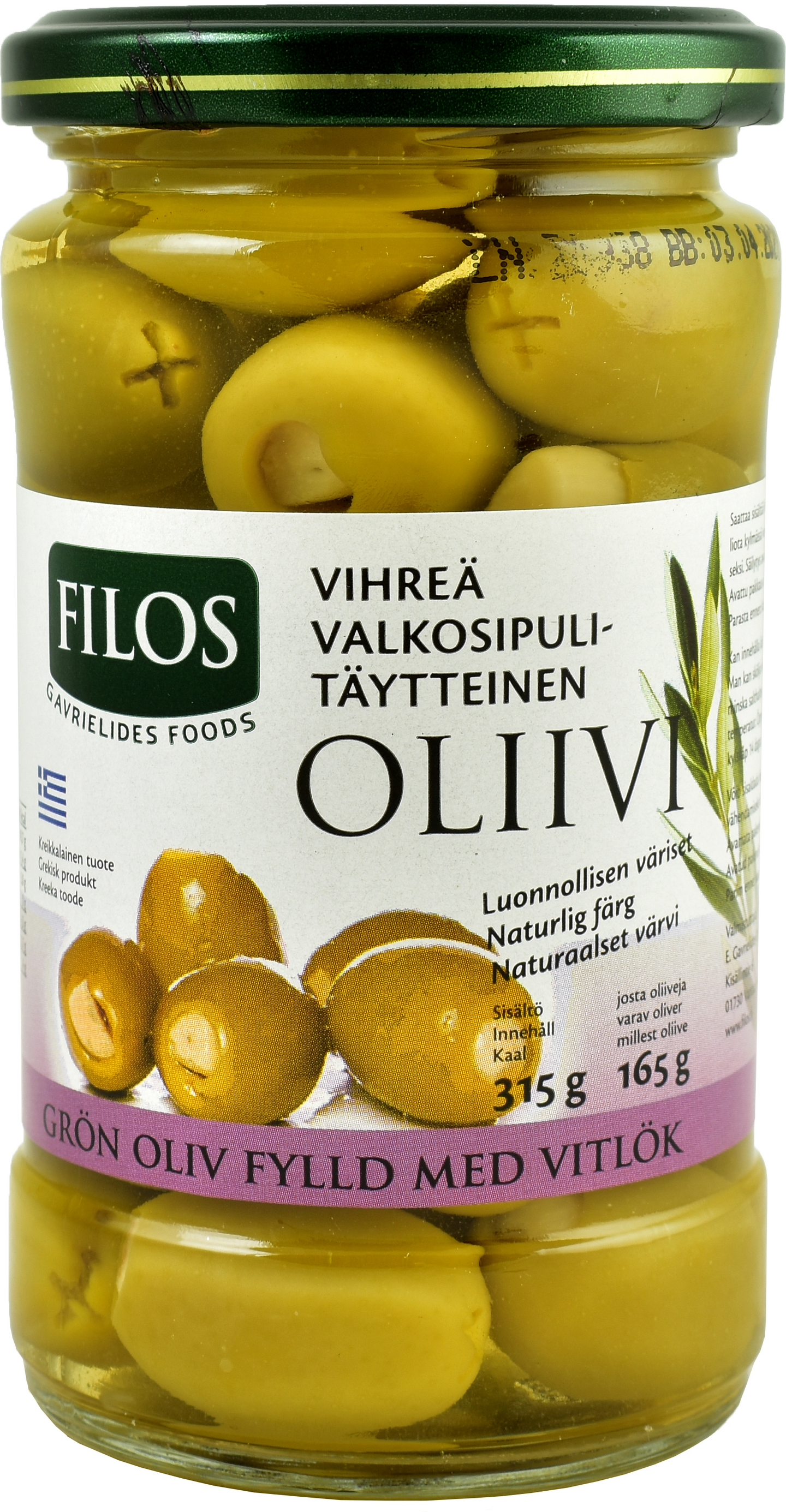 Filos vihreä kivetön valkosipulitäytteinen oliivi 315/165g