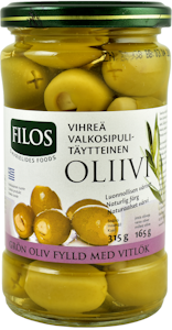 Filos vihreä kivetön valkosipulitäytteinen oliivi 315/165g