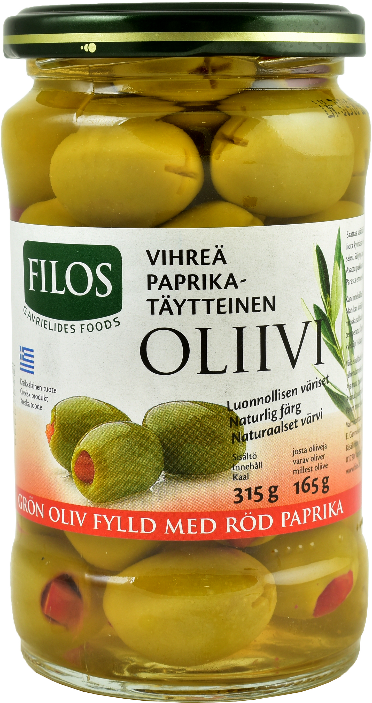 Filos vihreä kivetön paprikatäytteinen oliivi 315/165g