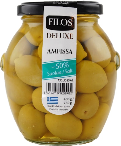 Filos Deluxe vihreä oliivi Amfissa -50% suolaa 400g/230g