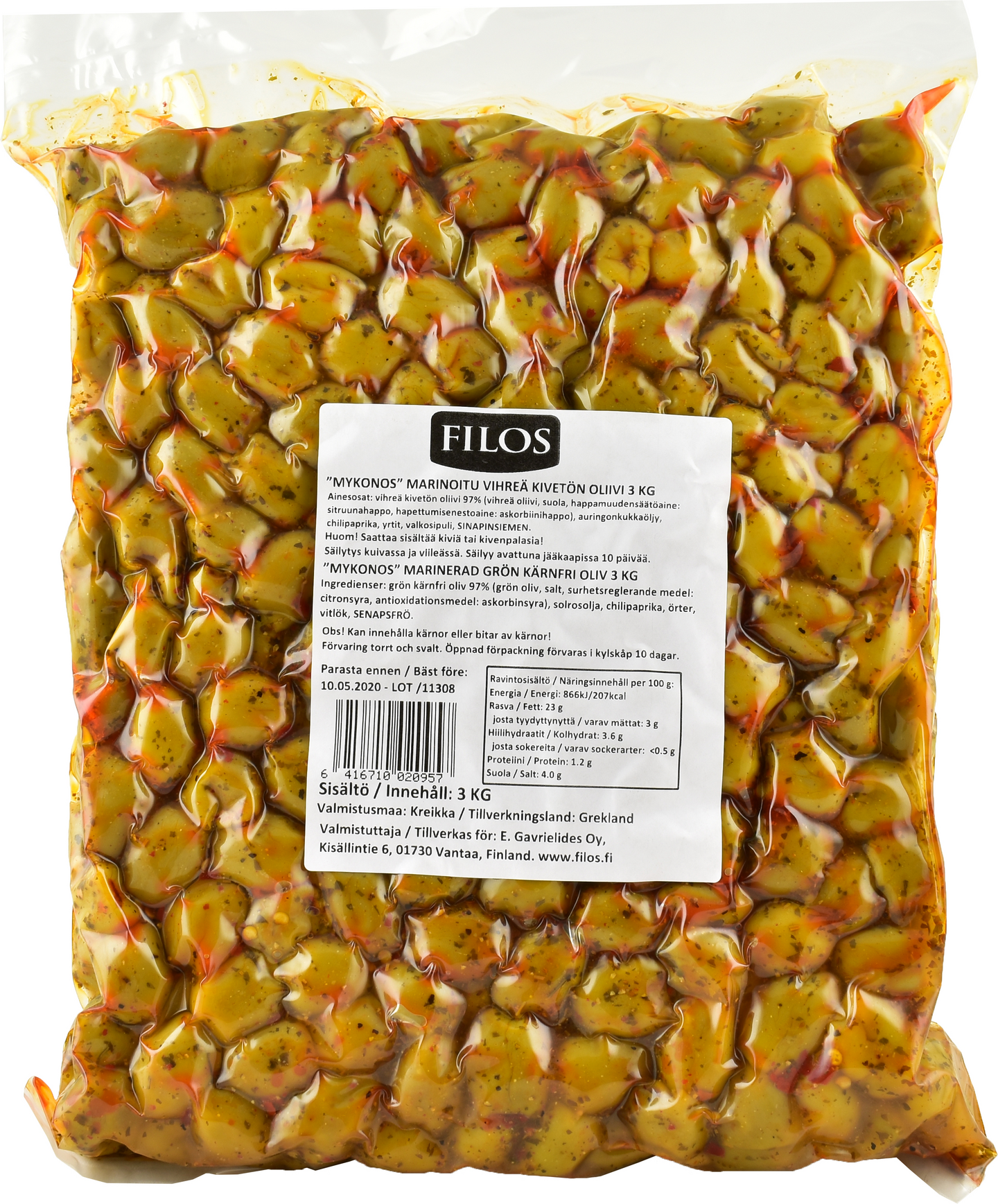 Filos Mykonos marinoitu vihreä kivetön oliivi pussissa 3kg