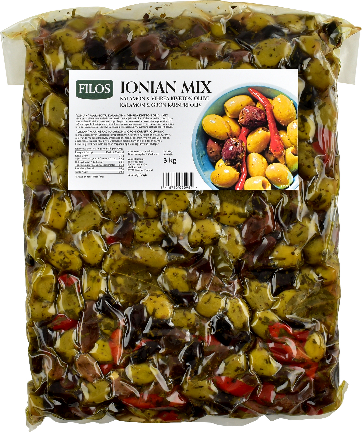 Filos Ionian marinoitu Kalamon & vihreä oliivi-mix kivetön 3kg