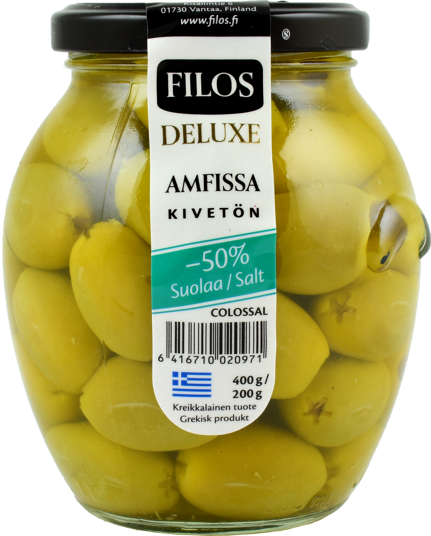 Filos Deluxe vihreä oliivi kivetön Amfissa Colossal, -50% suolaa 400g/200g