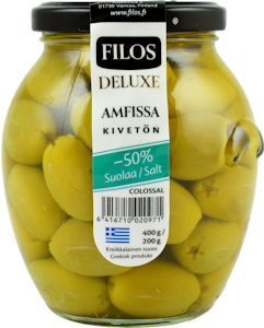 Filos Deluxe vihreä oliivi kivetön Amfissa Colossal, -50% suolaa 400g/200g