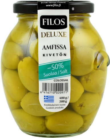 Filos Deluxe vihreä oliivi kivetön Amfissa Colossal -50% suolaa 400g/200g