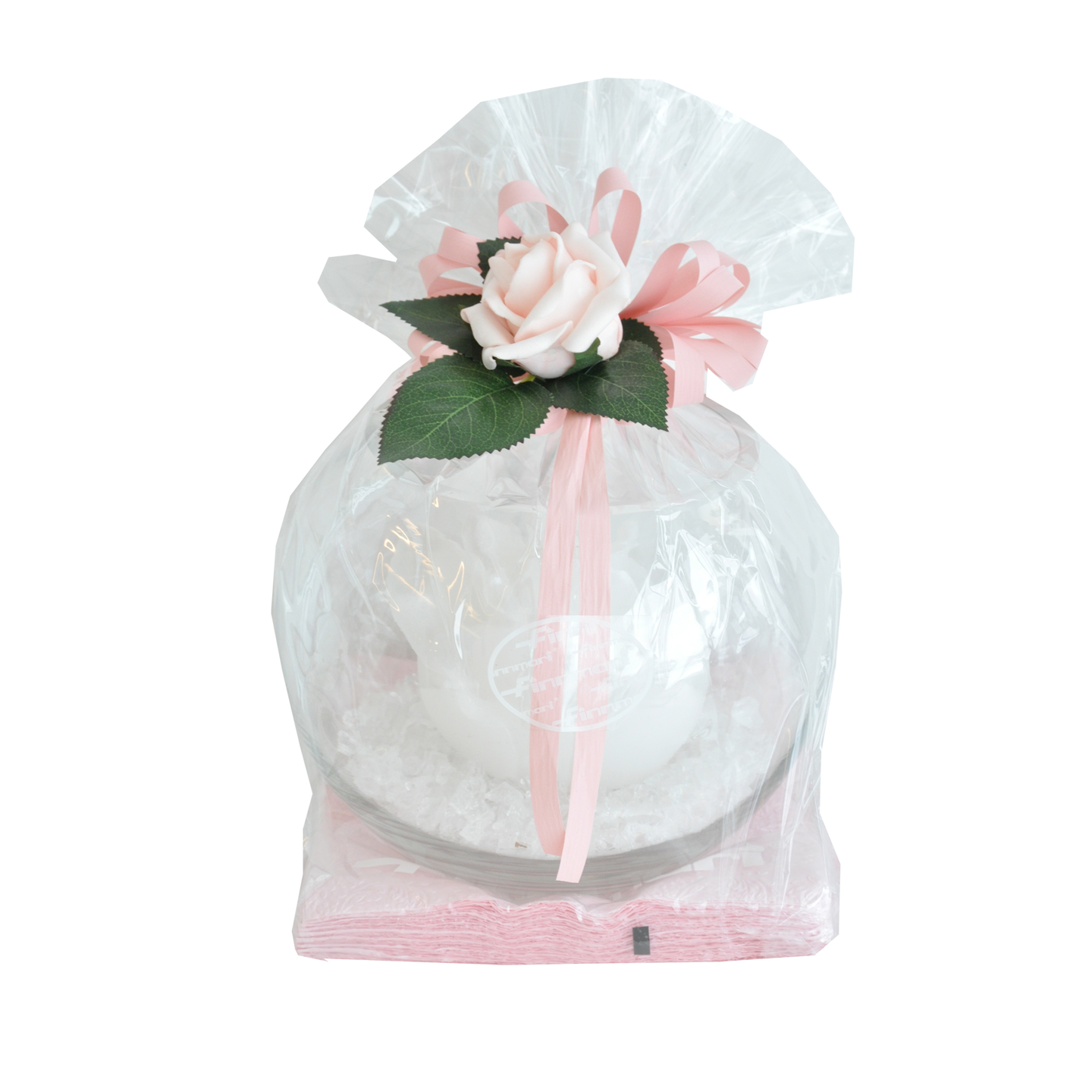 Finnmari kynttilälahjapakkaus pallomaljakko, jäämurske,valk.ruusukynttilä, ruusu+lehdet
