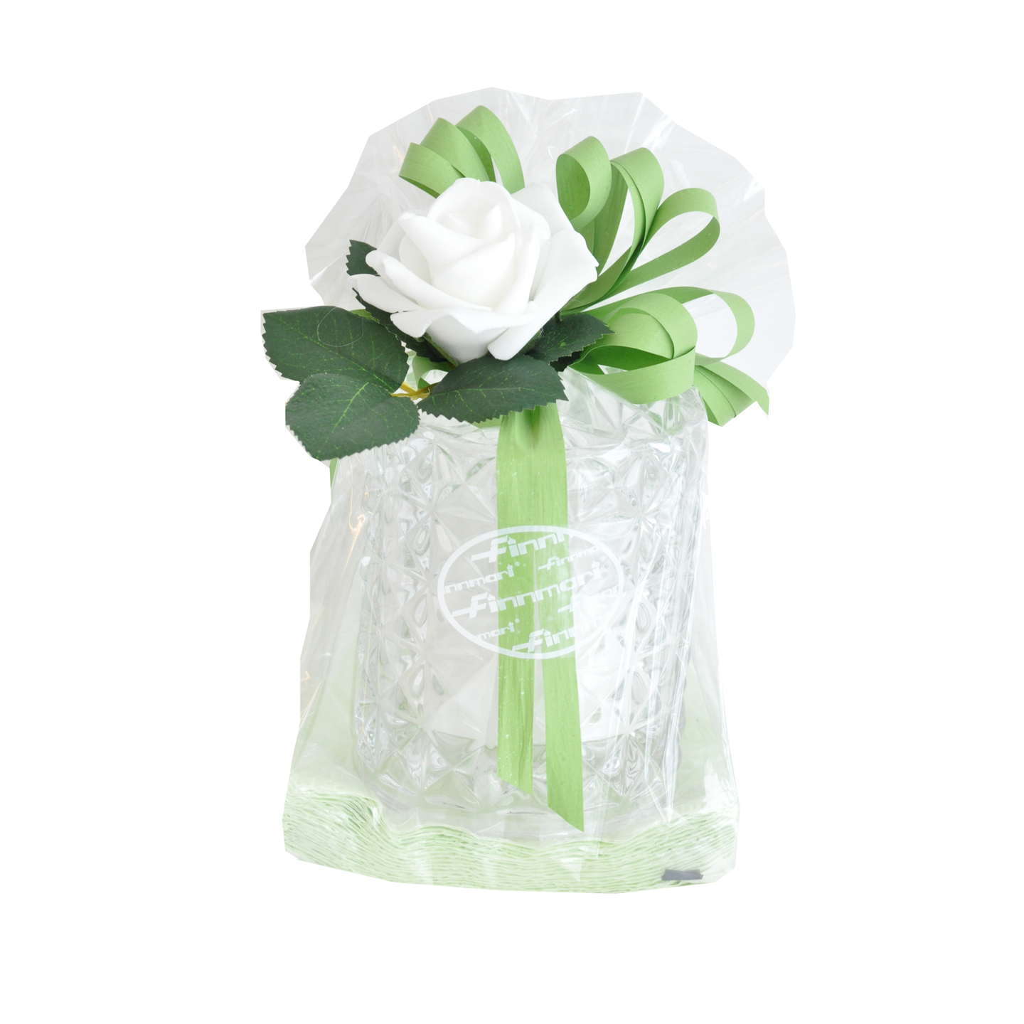 Finnmari kynttilälahjapakkaus servetit, valettu lasi, koristeruusu+lehdet vihreä