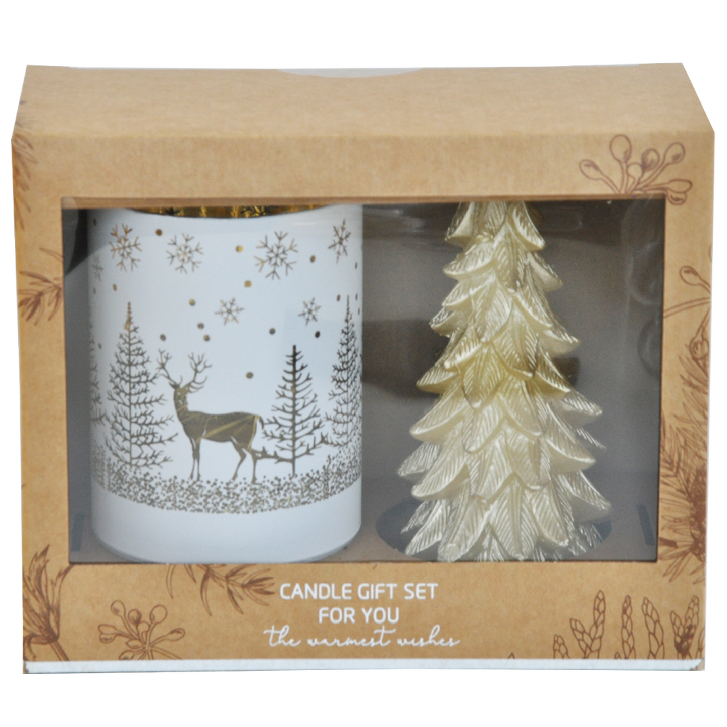 Finnmari lahjapaketti lasilyhty led-valolla 8x8x16,5cm ja kuusikynttilä 16,5cm kulta