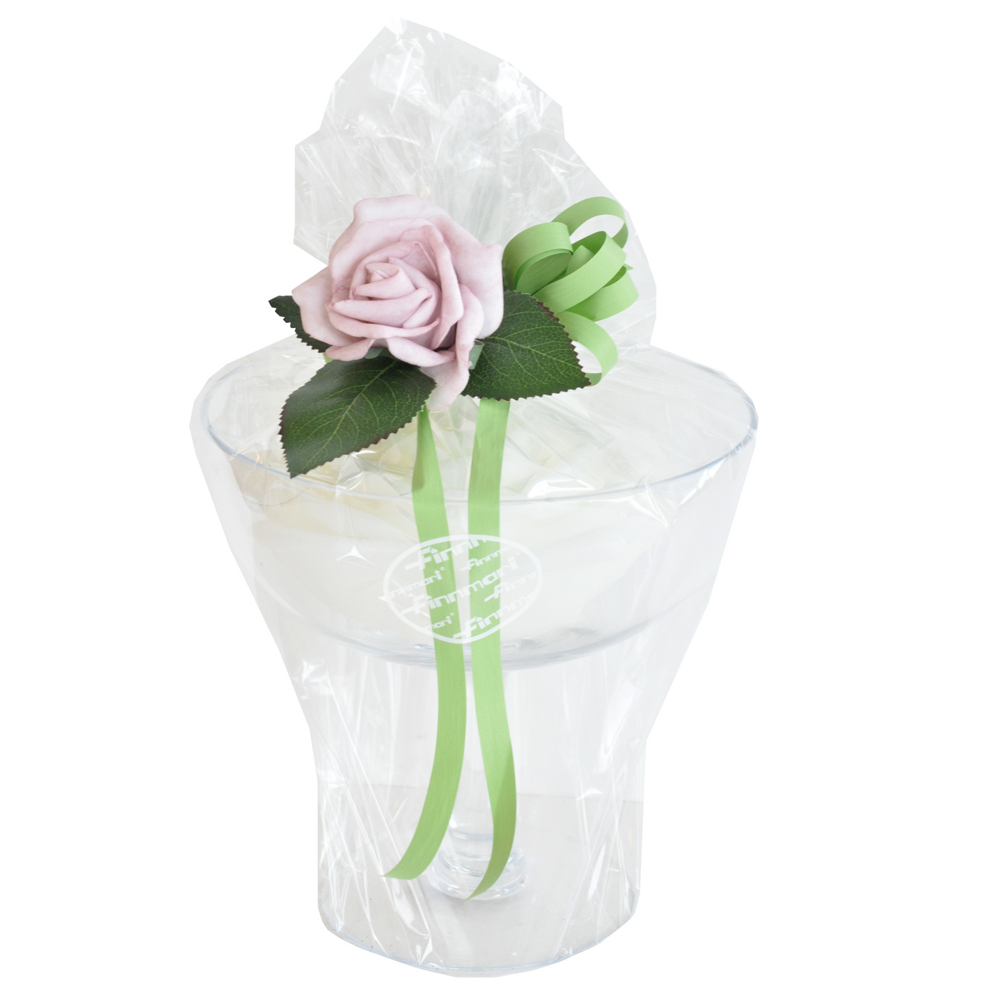 Finnmari lahjapakkaus jalallinen lasi ja valkoinen ruusukynttilä