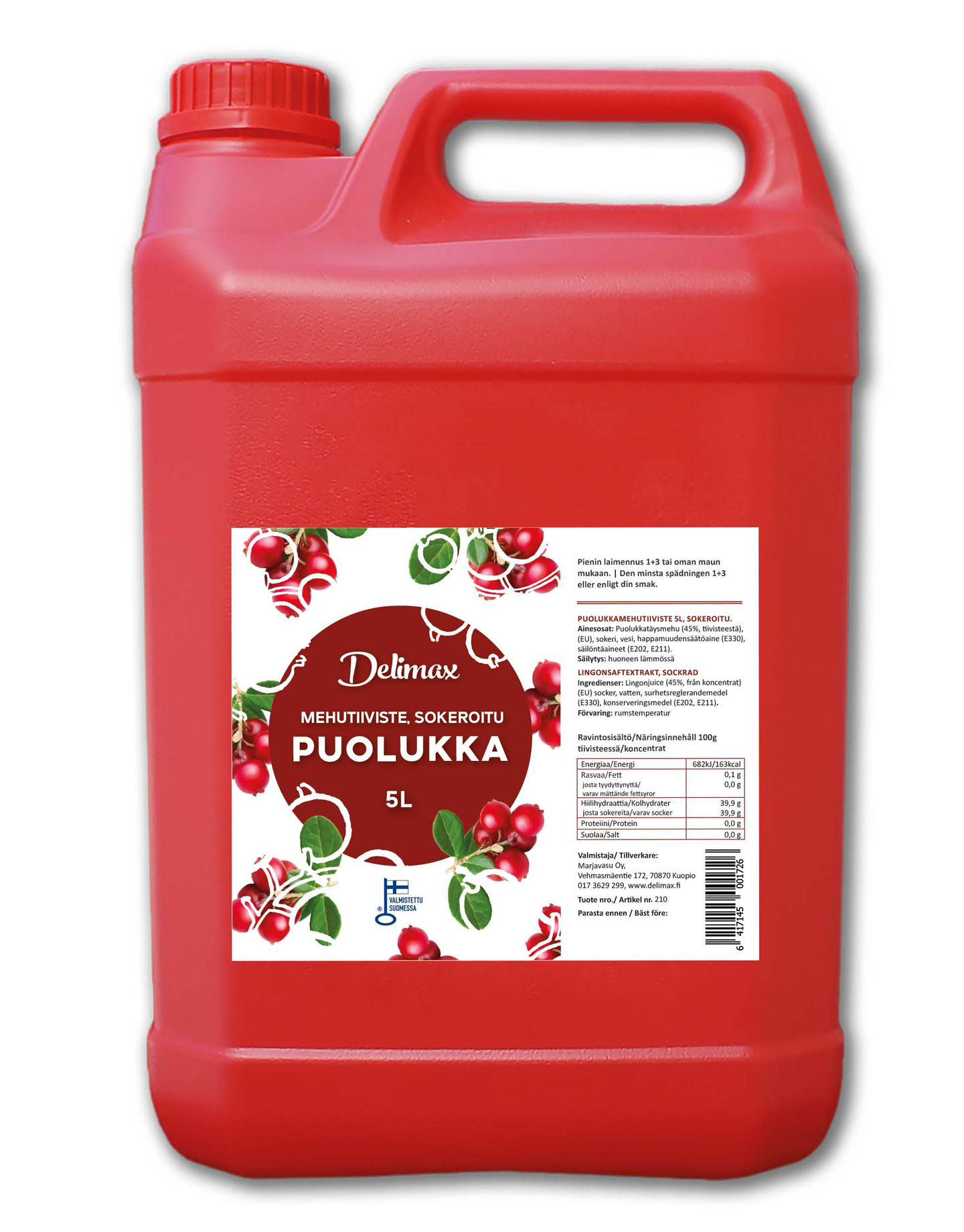 DeliMax Puolukkamehutiiviste sokeroitu 5l 1+3-5