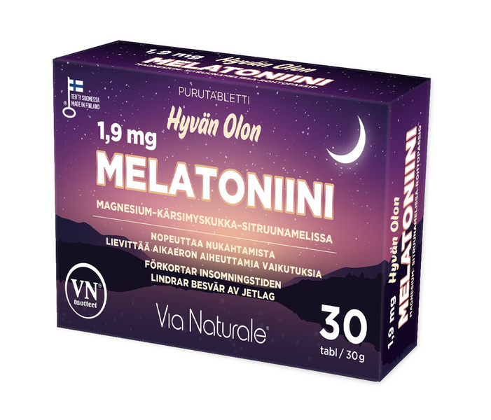 Hyvän Olon Melatoniini 1,9 mg magnesium-kärsimyskukka-sitruunamelissa 30tabl / 30g