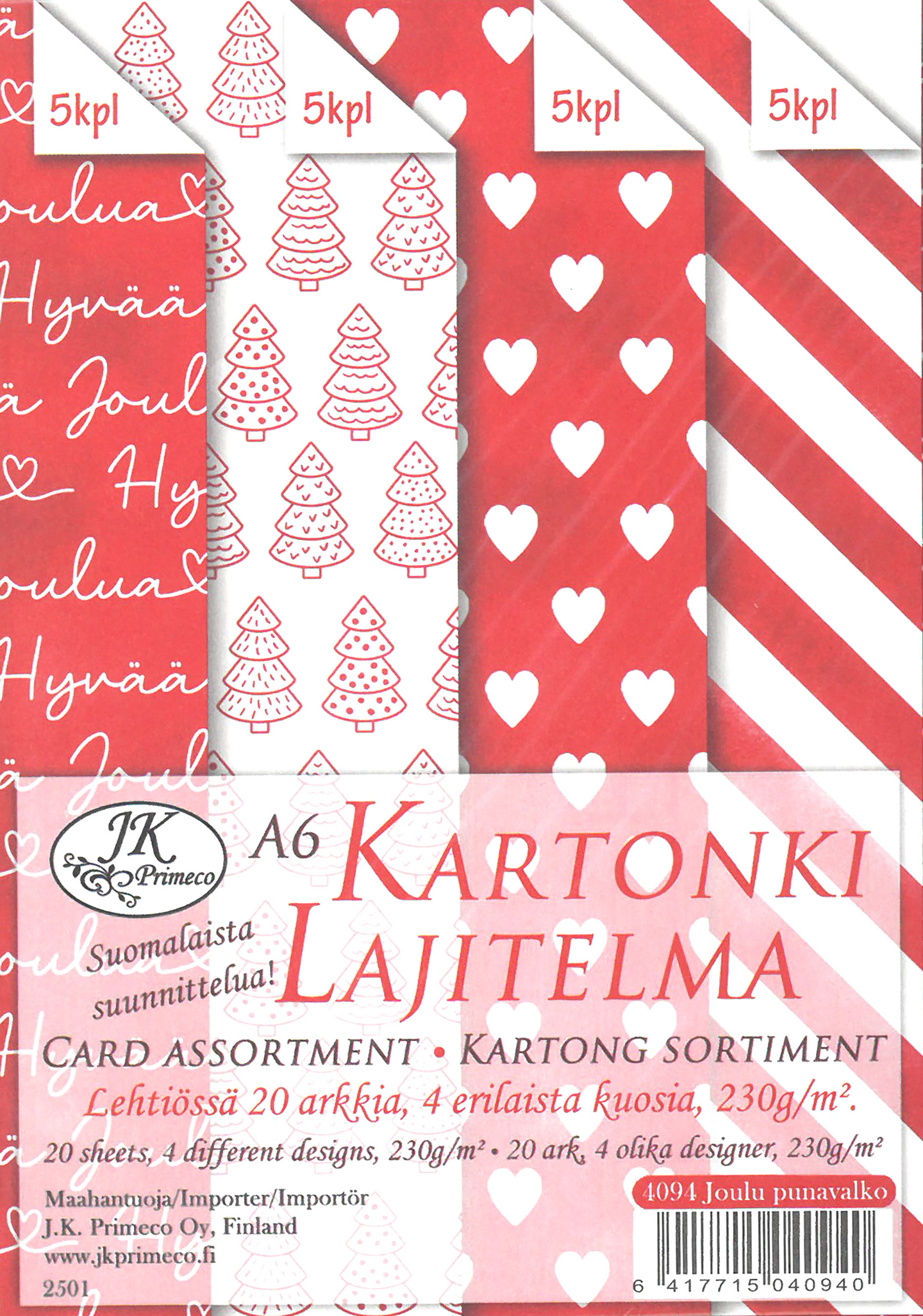 J.K. Primeco kartonkilajitelma A6 joulu punavalkoinen 20 arkkia