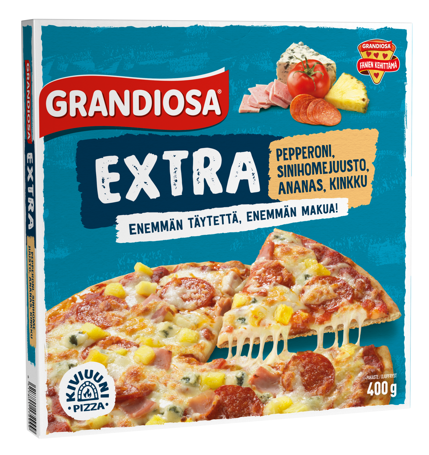 Grandiosa pizza Extra pepperoni-sinihomejuusto-ananas-kinkku 400g kiviuunipizza pakaste