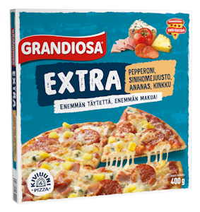 Grandiosa pizza Extra pepperoni-sinihomejuusto-ananas-kinkku 400g kiviuunipizza pakaste