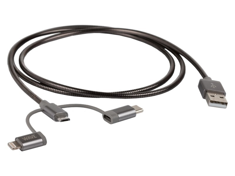 Wave Datakaapeli 3in1 USB-A USB-C/ MicroUSB/Lightning metallipäällysteinen tummanharmaa