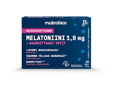 Makrobios kolmivaikutteinen Melatoniini 1,9mg + rauhoittavat yrtit 60 tablettia 30g