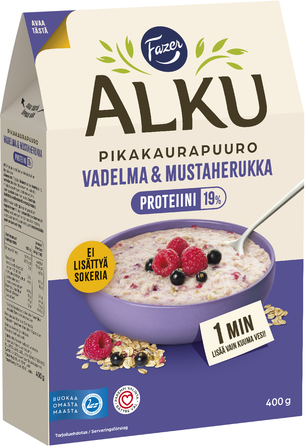 Fazer Alku Vadelma & mustaherukka Proteiini pikakaurapuuro 400 g