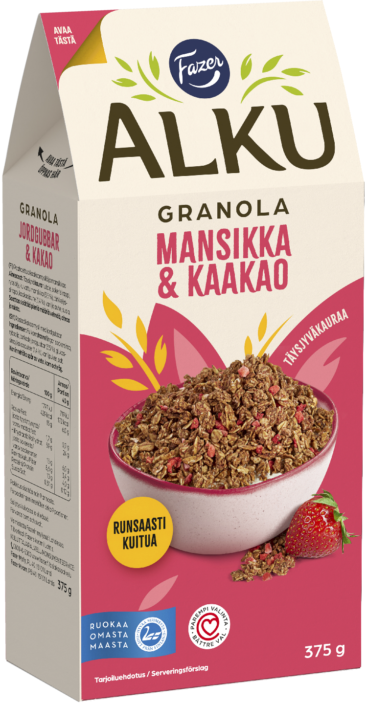 Fazer Alku granola 375g kaakao ja mansikka