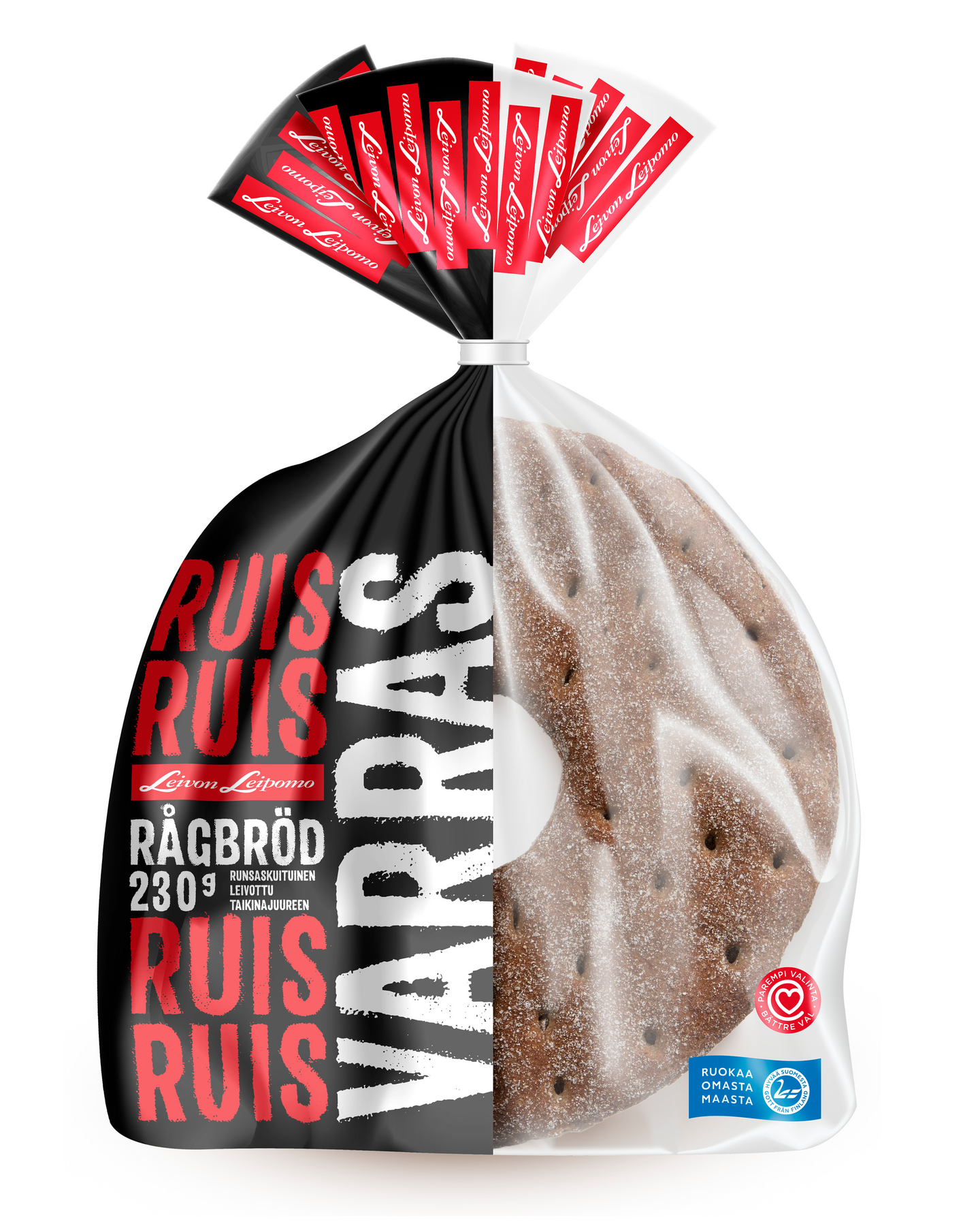 Leivon Ruisvarras 230g, ruisleipä halkaistu