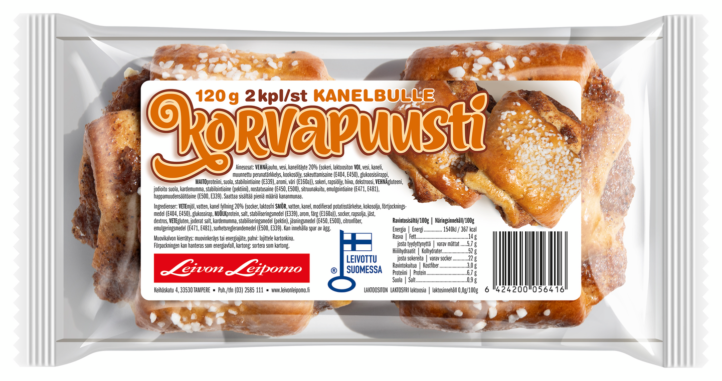 Leivon Leipomo Korvapuusti 2 kpl 120g kaneli-voitäyte