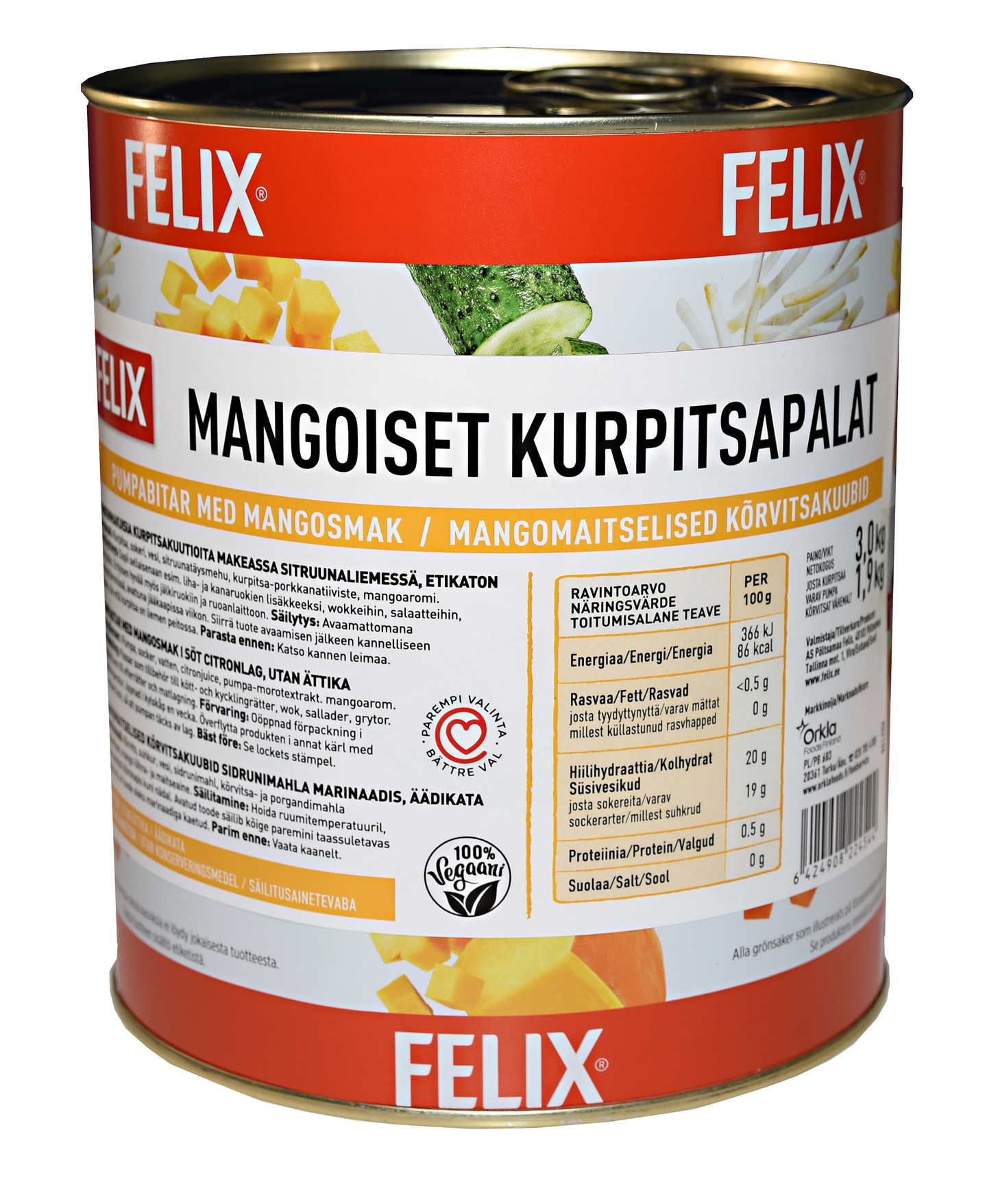 Felix mangoiset kurpitsapalat mausteliemessä etikaton 3,0kg/1,9kg