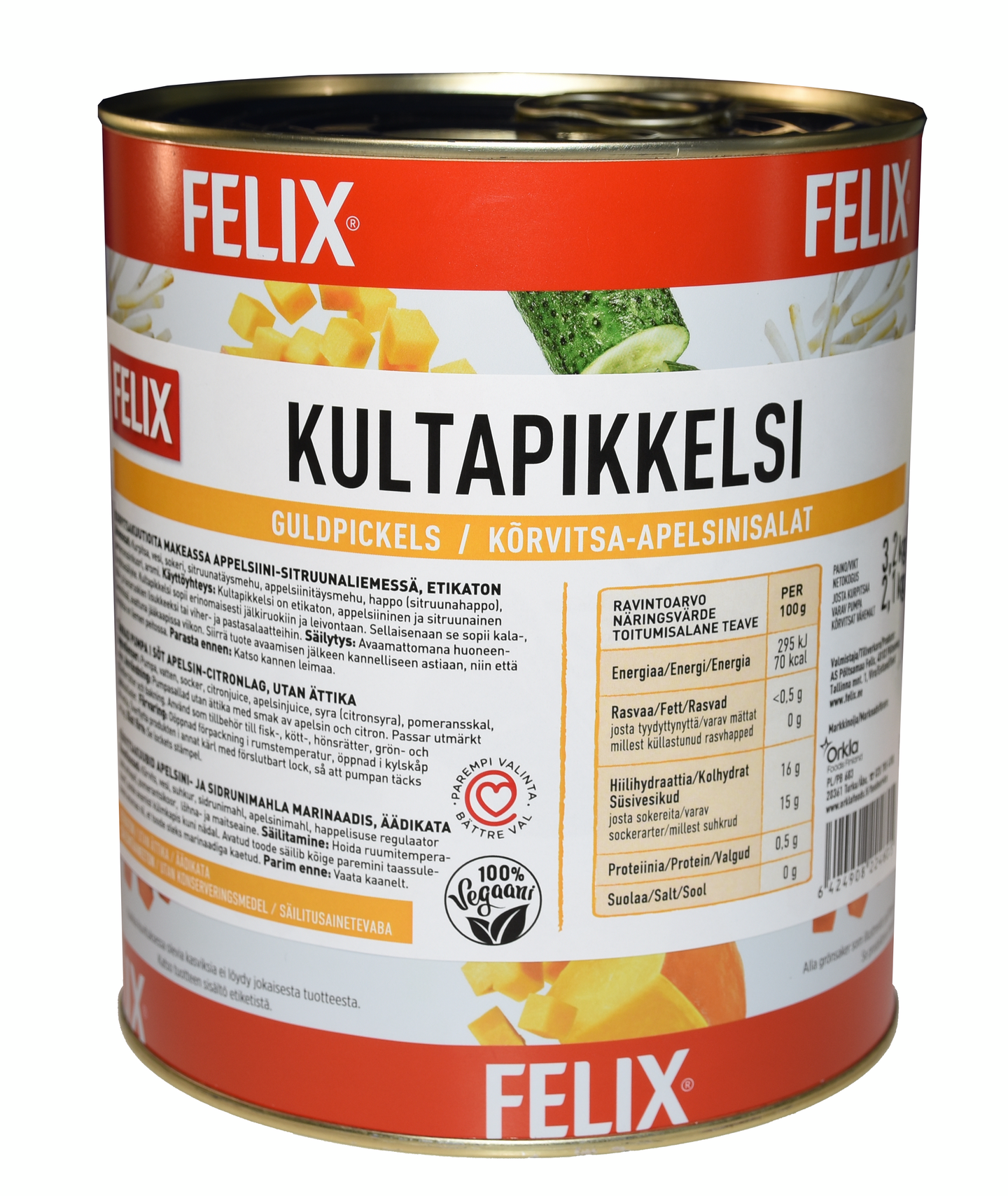 Felix kultapikkelsi kurpitsakuutioita mausteliemessä etikaton 3,2kg/2,1kg
