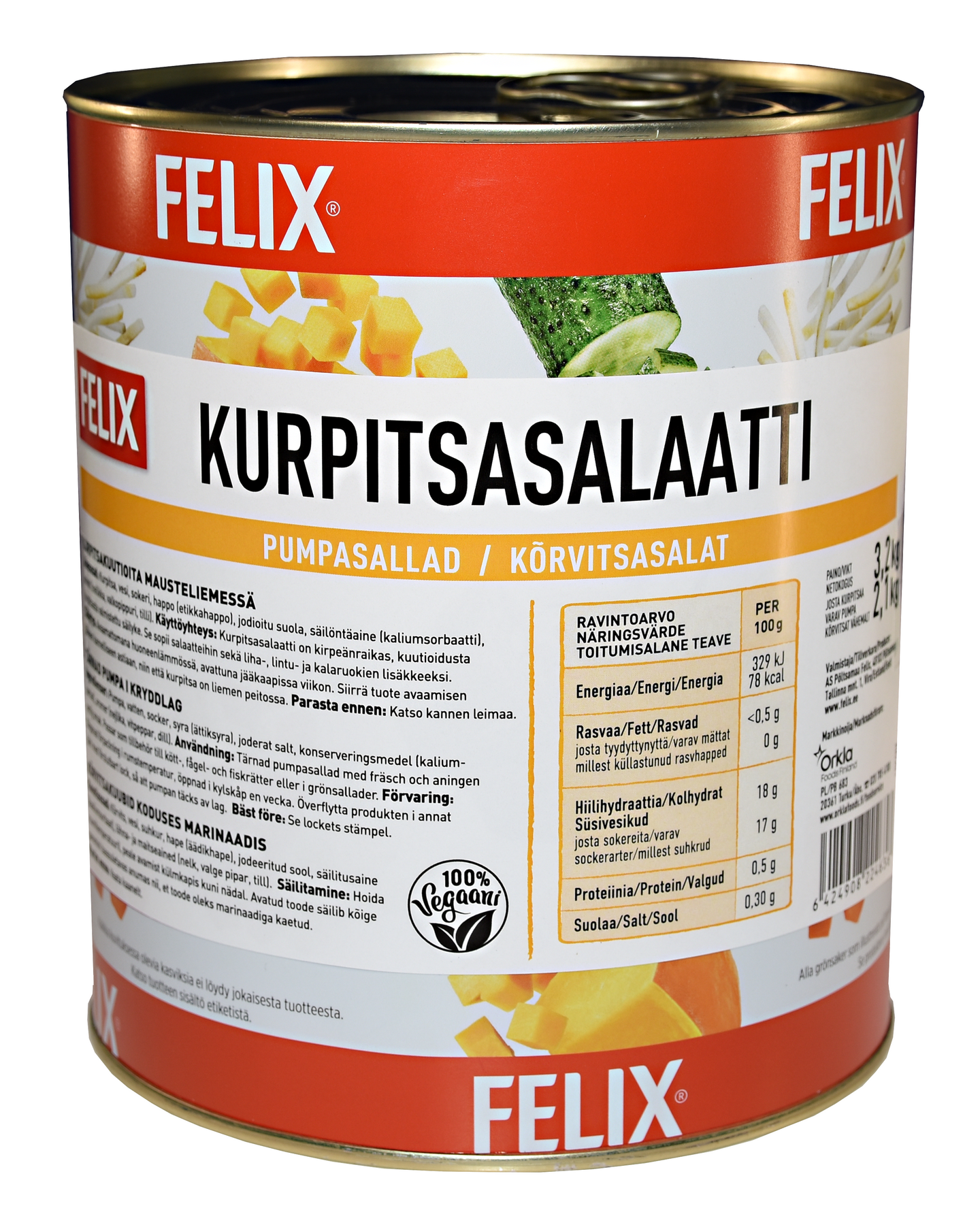 Felix kurpitsasalaatti kuutioita mausteliemessä 3,2kg/2,1kg