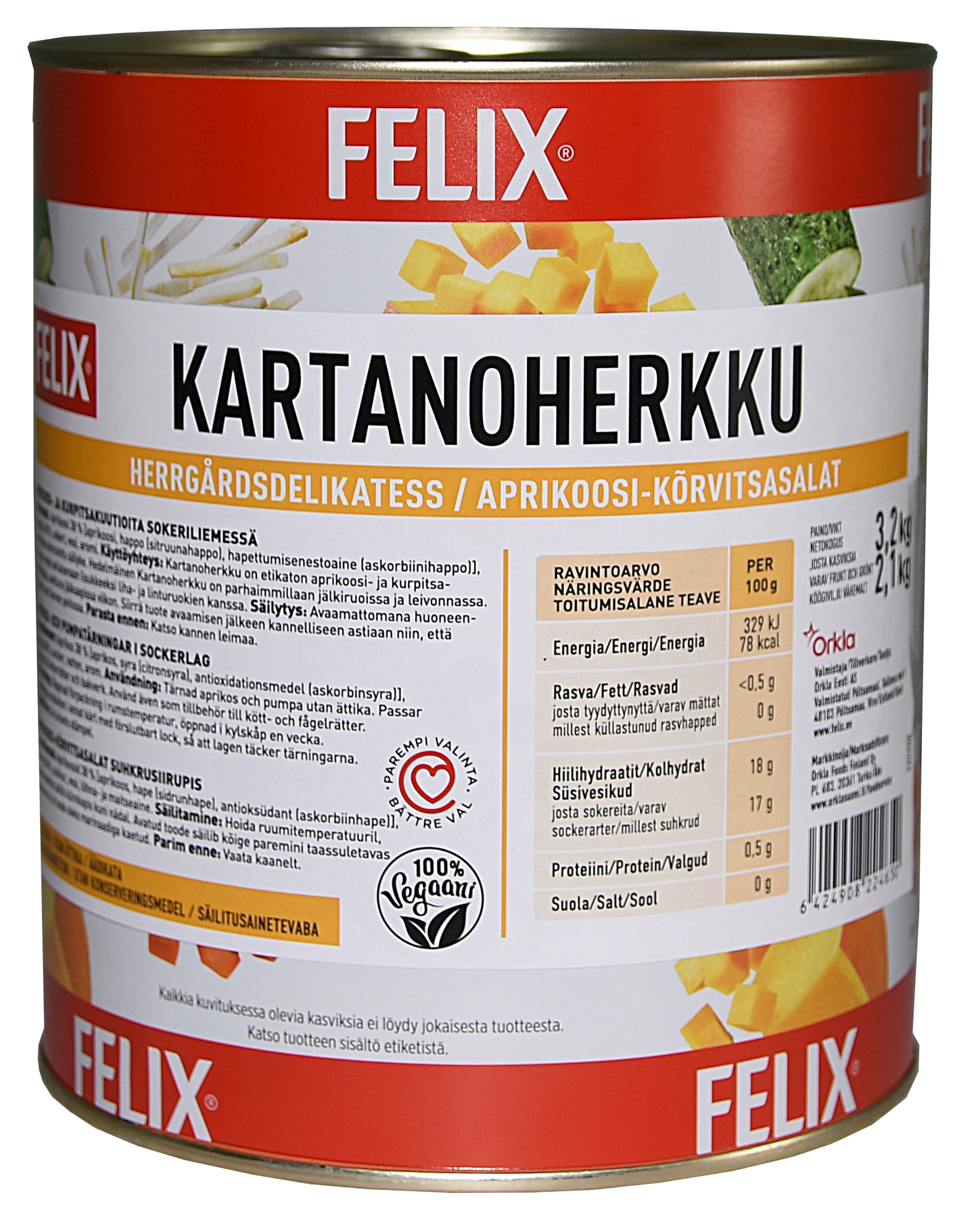 Felix kartanoherkku aprikoosi-kurpitsasalaatti etikaton 3,2kg/2,1kg