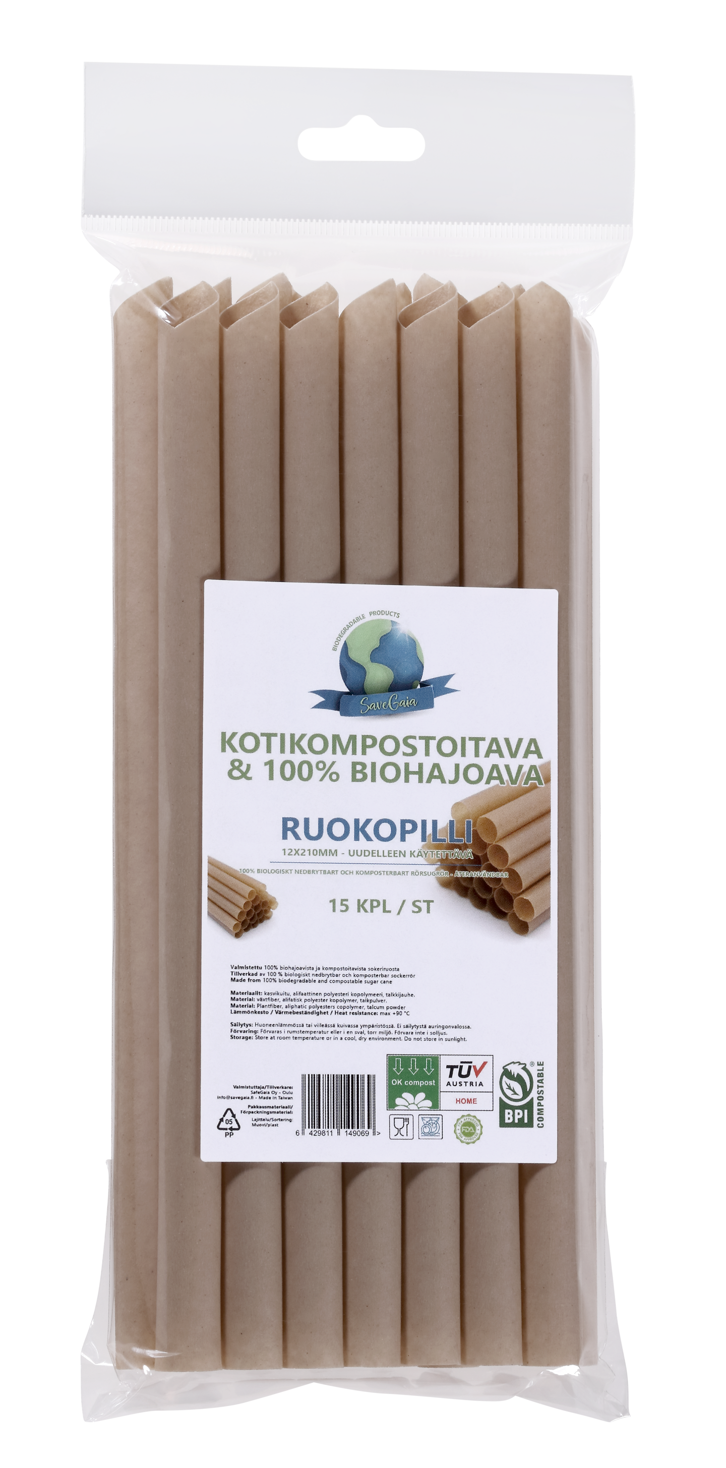 SaveGaia kompostoitava ja biohajoava ruokopilli 12x210mm 15kpl