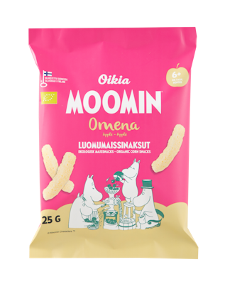 Oikia Moomin Luomumaissinaksut omena 25g gluteeniton