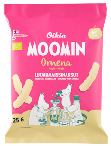 Oikia Moomin Luomumaissinaksut omena 25g gluteeniton