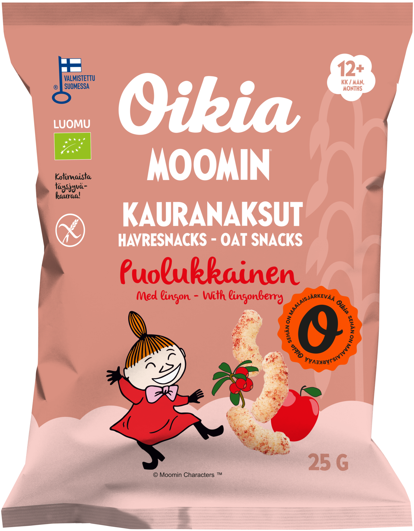 Oikia Moomin Luomu kauranaksut puolukkainen 25 g 12+ kk gluteeniton