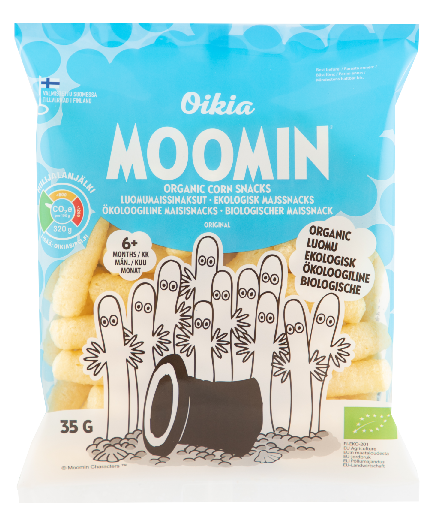 Oikia Moomin luomumaissinaksut 35g original 6+ kk PUOLILAVA