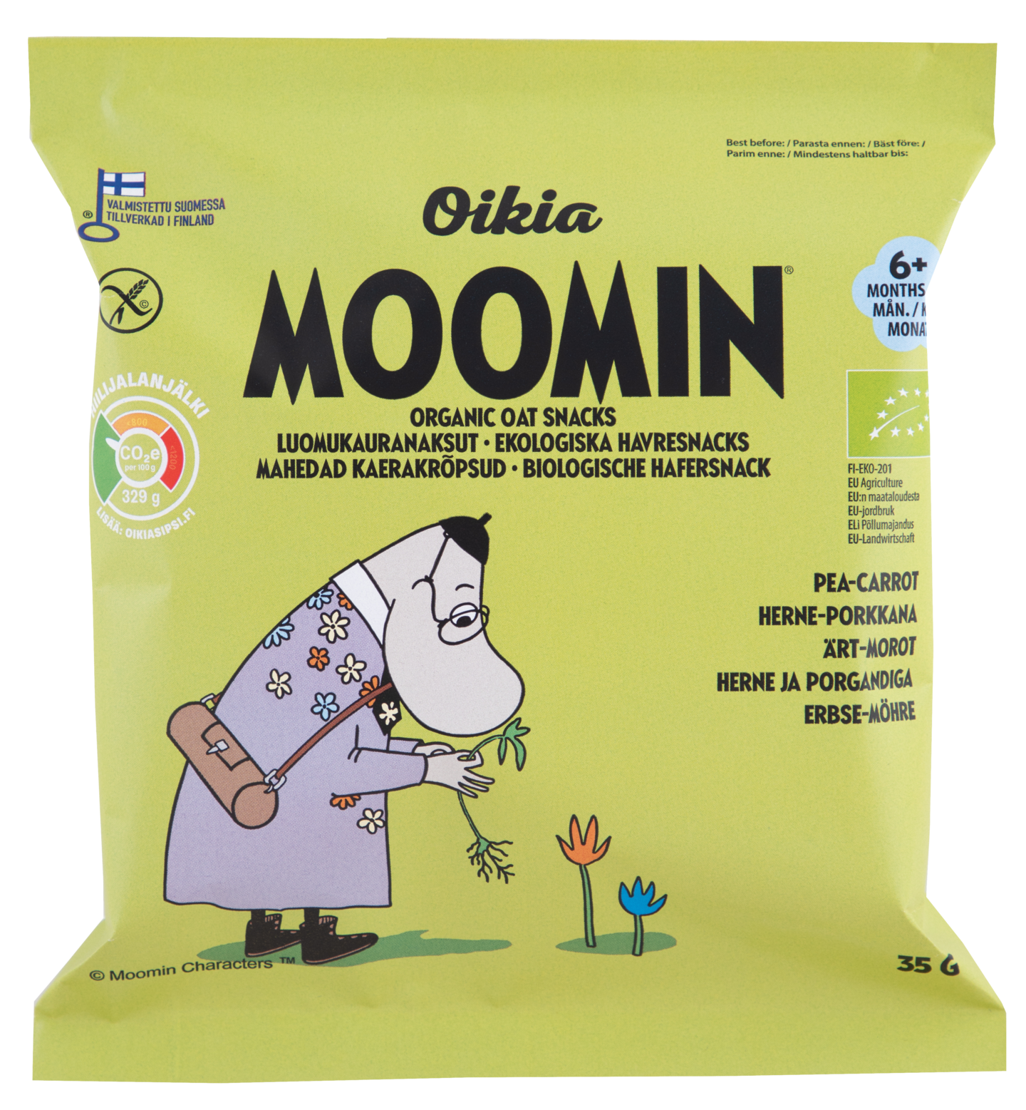 Oikia Moomin Luomukauranaksu herne-porkkana 35g 6+ kk
