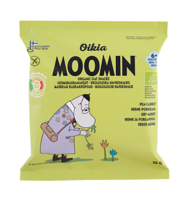 Oikia Moomin Luomukauranaksu herne-porkkana 35g 6+ kk