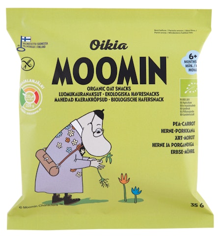 Oikia Moomin Luomukauranaksu herne-porkkana 6+ kk 35g