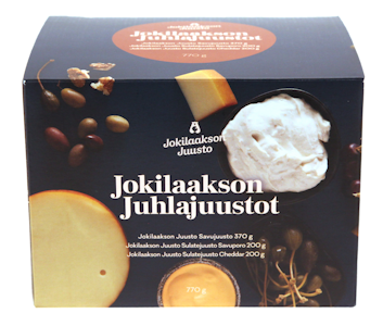 Jokilaakson Juusto juustolahjapakkaus 770g savujuusto, 2 levitettä savu- ja cheddar