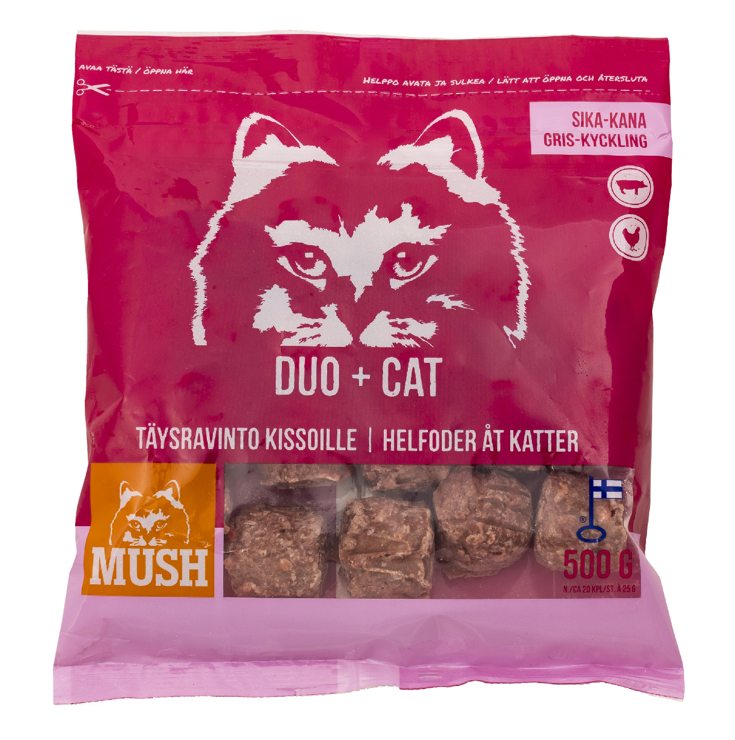 Mush DUO+ Sika-kana täysravinto kissoille 500 g pakaste