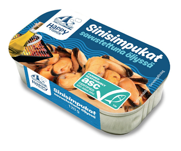 Happy Fisher Sinisimpukat savustettuina öljyssä 120g/72g ASC