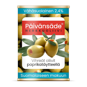 Päivänsäde Herkkuoliivi vihreät oliivit paprikatäytteellä kivetön vähäsuolainen 300g/130g