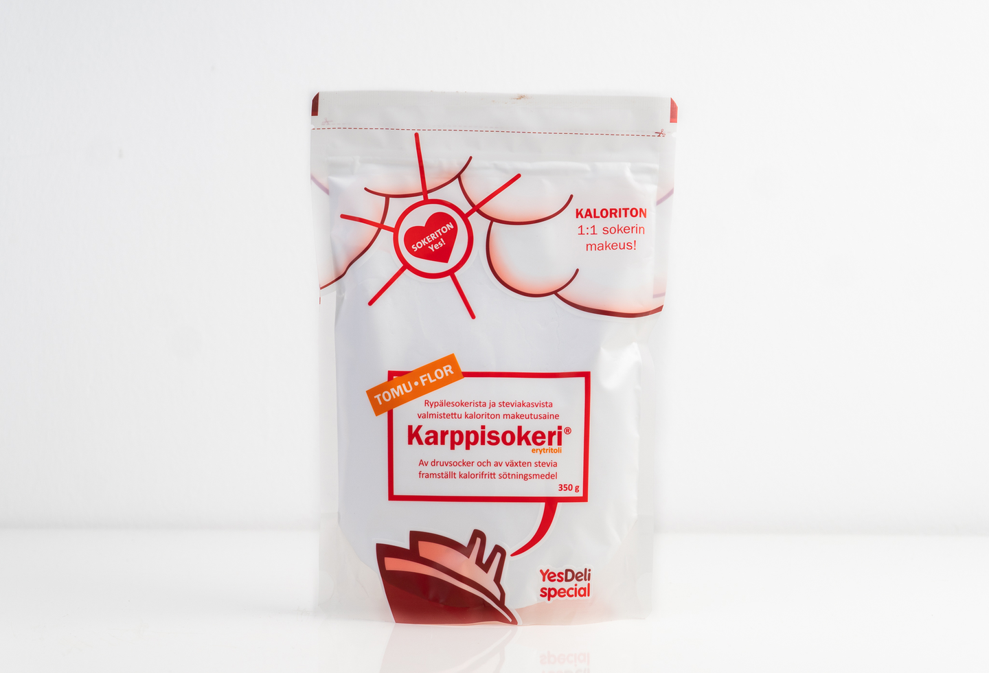 YesDeli Tomu Karppisokeri 350g rypälesokerista ja steviakasvista valmistettu kaloriton makeutusaine