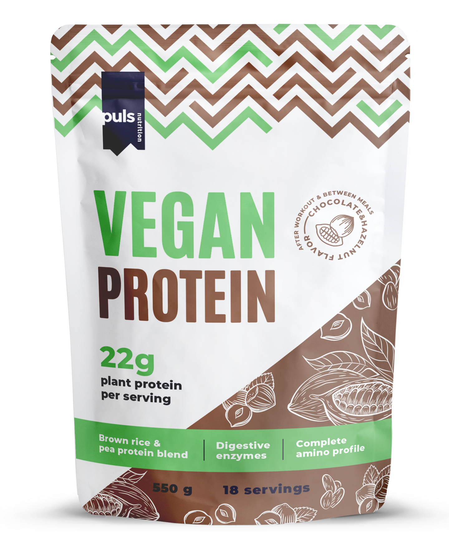PULS Vegan protein 550g Suklaa ja hasselpähkinä