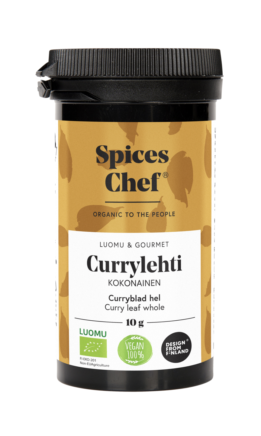 Spices Chef luomu currylehti kokonainen 10g, BPA-vapaassa biomuovi maustepurkkissa.