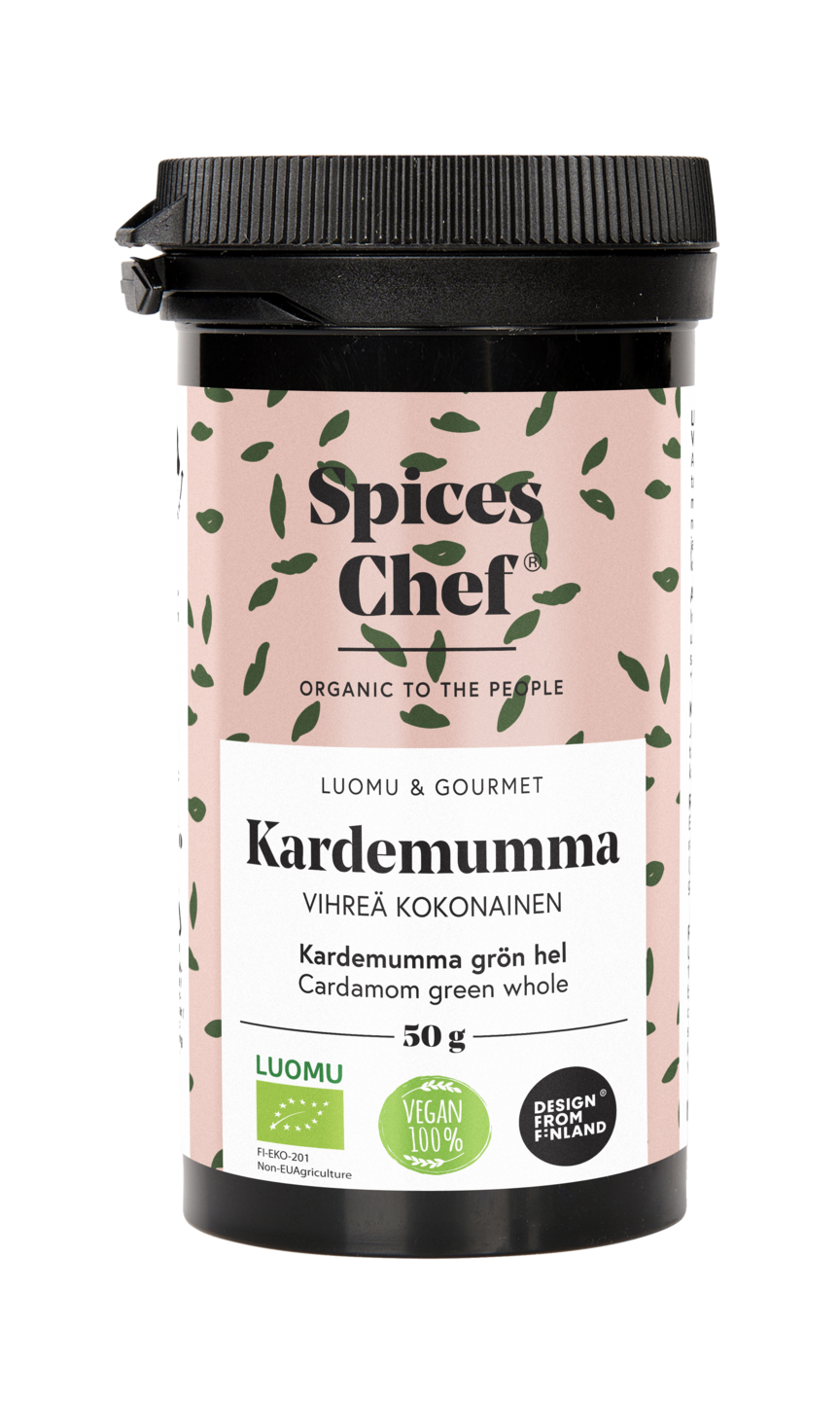 Spices Chef luomu kardemumma vihreä kokonainen 50g, BPA-vapaassa biomuovi maustepurkkissa.