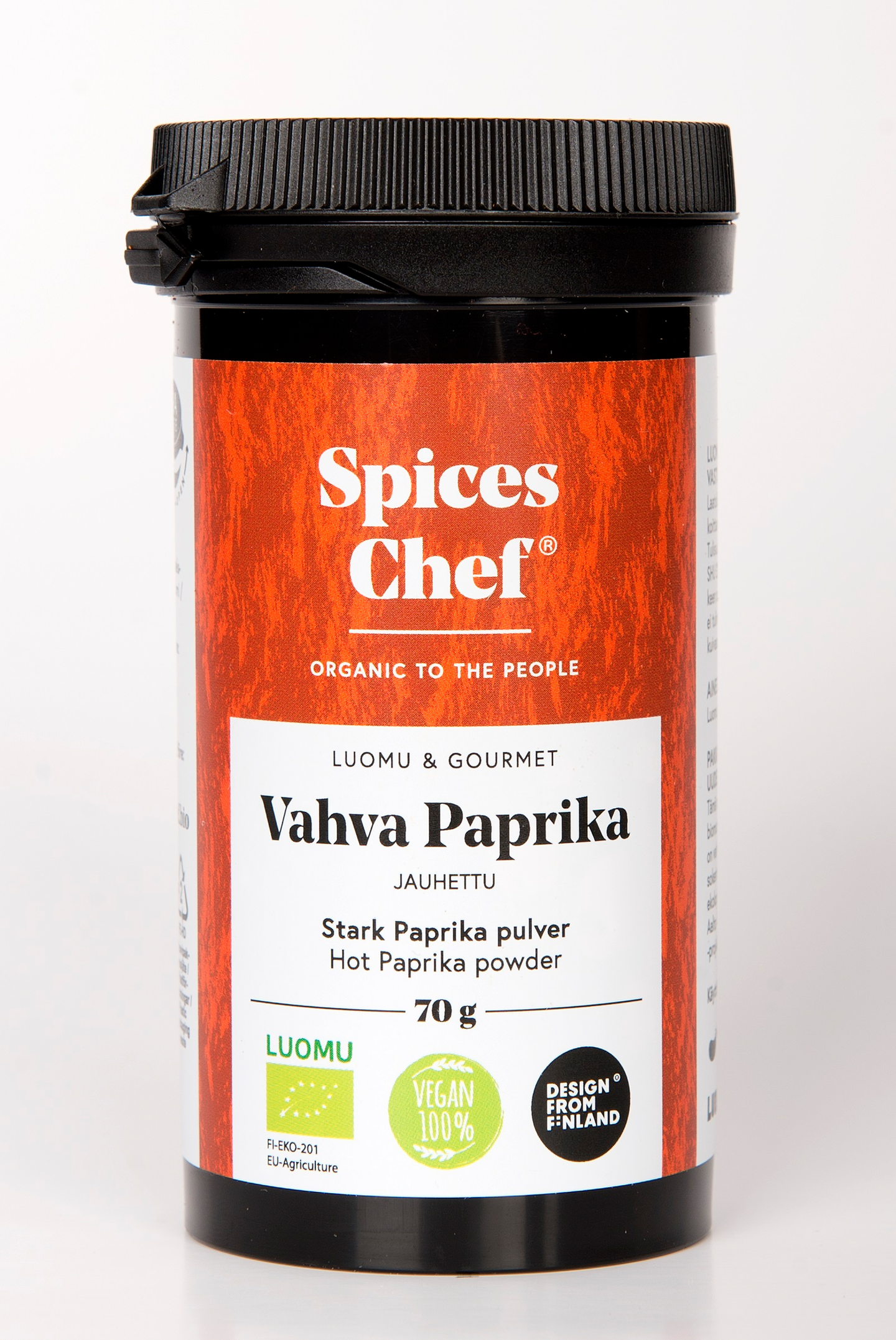 Spices Chef luomu vahva paprikajauhe 70g, BPA-vapaassa biomuovi maustepurkissa.