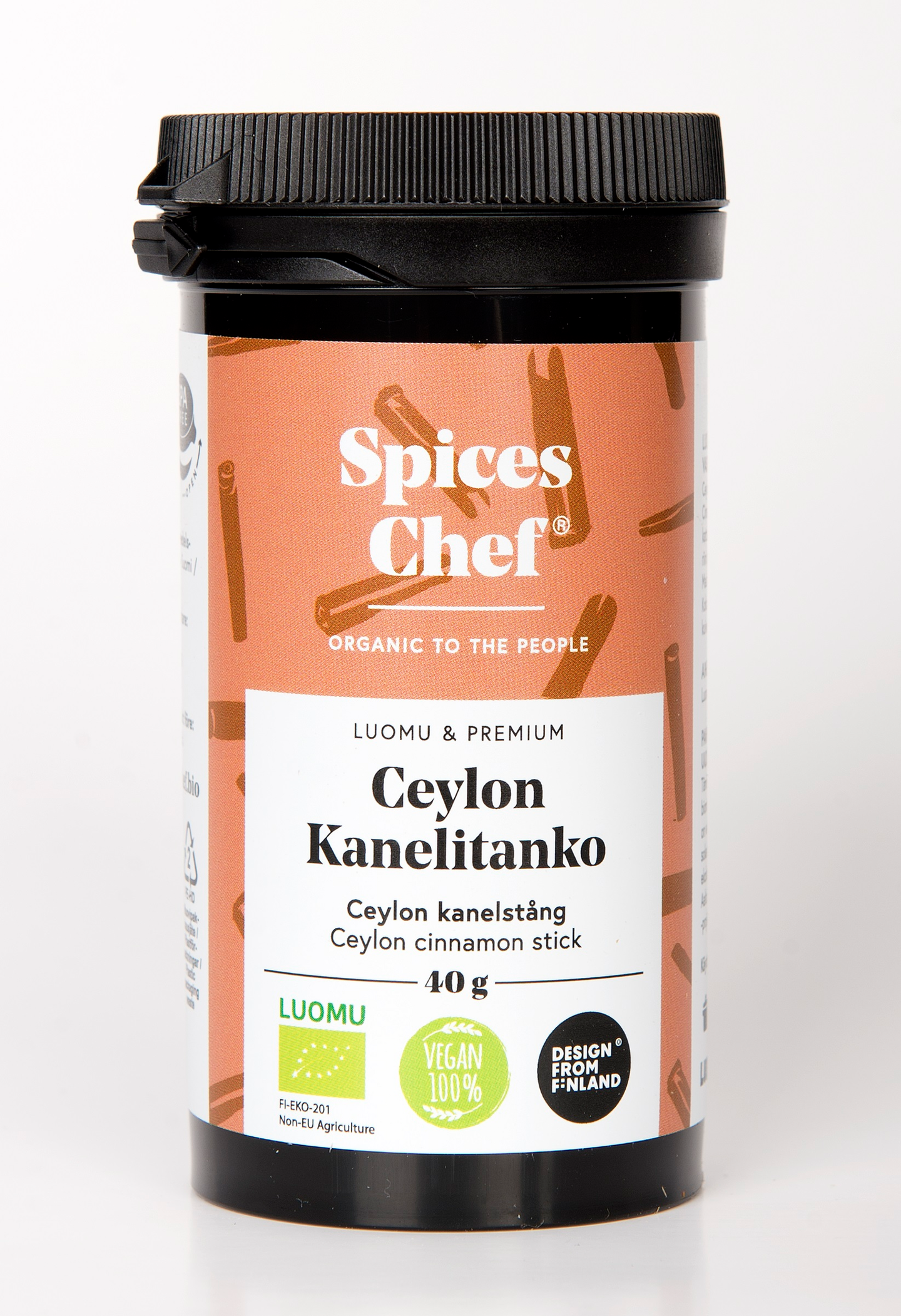 Spices Chef luomu ceylon kanelitanko 40g   BPA-vapaassa biomuovi maustepurkissa.