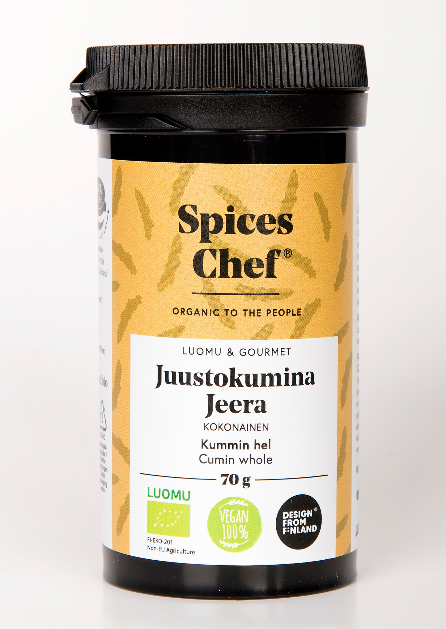 Spices Chef luomu juustokumina jeera kokonainen 70g  BPA-vapaassa biomuovi maustepurkissa.