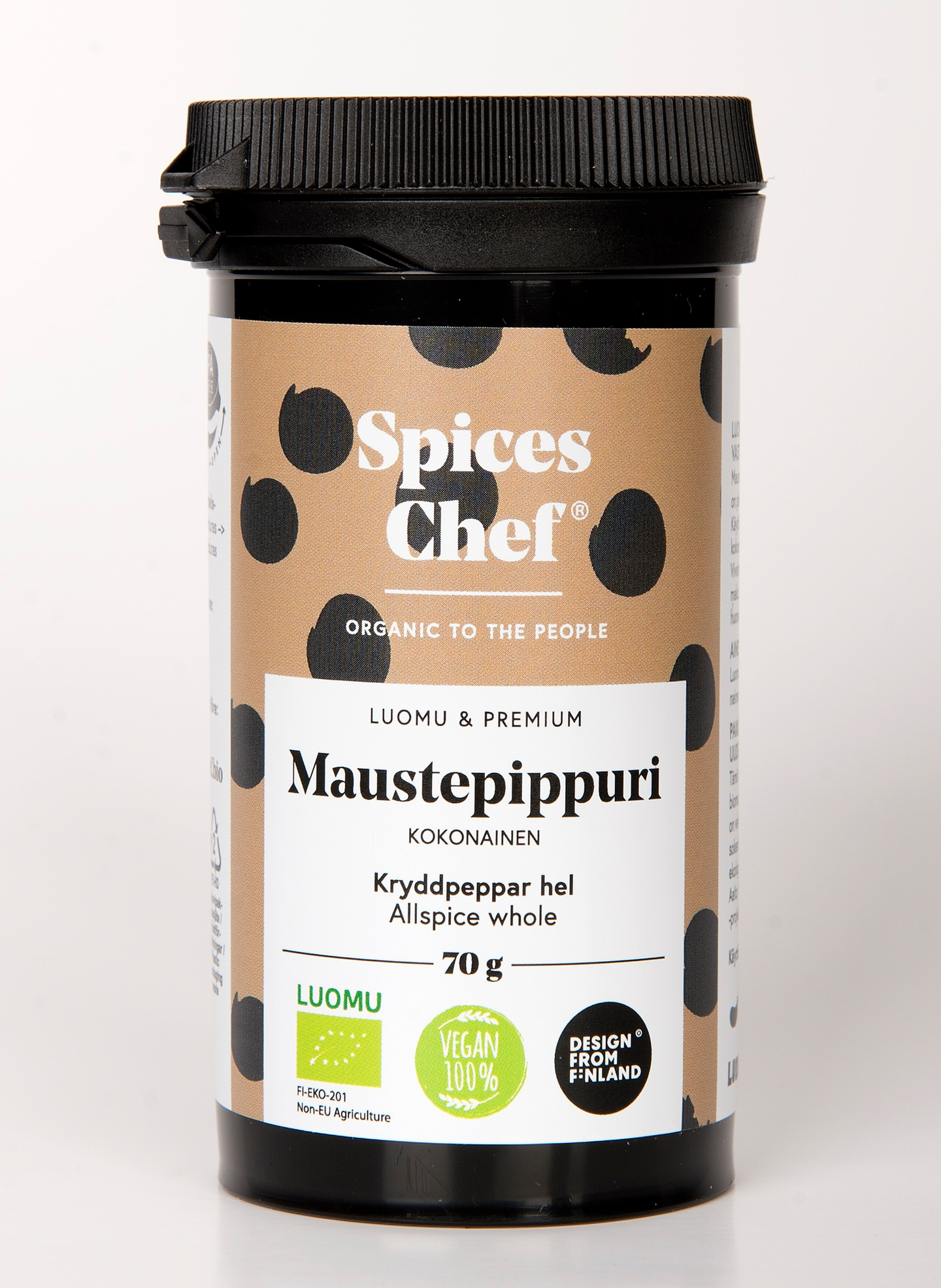 Spices Chef luomu maustepippuri kokonainen 70g   BPA-vapaassa biomuovi maustepurkissa.
