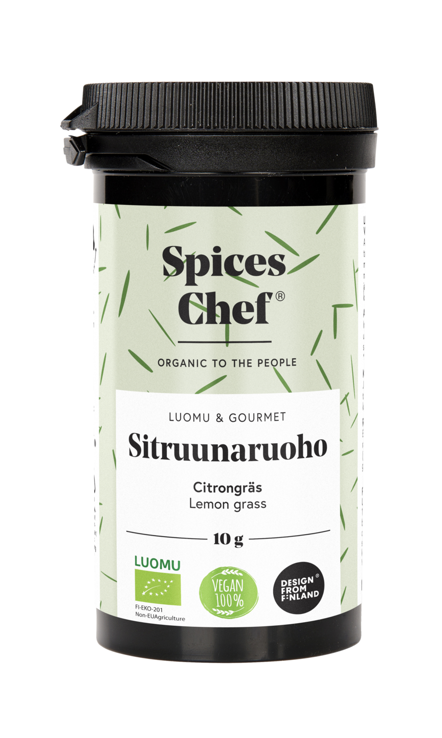 Spices Chefin luomu sitruunaruoho 10g, BPA-vapaassa biomuovi maustepurkkissa.