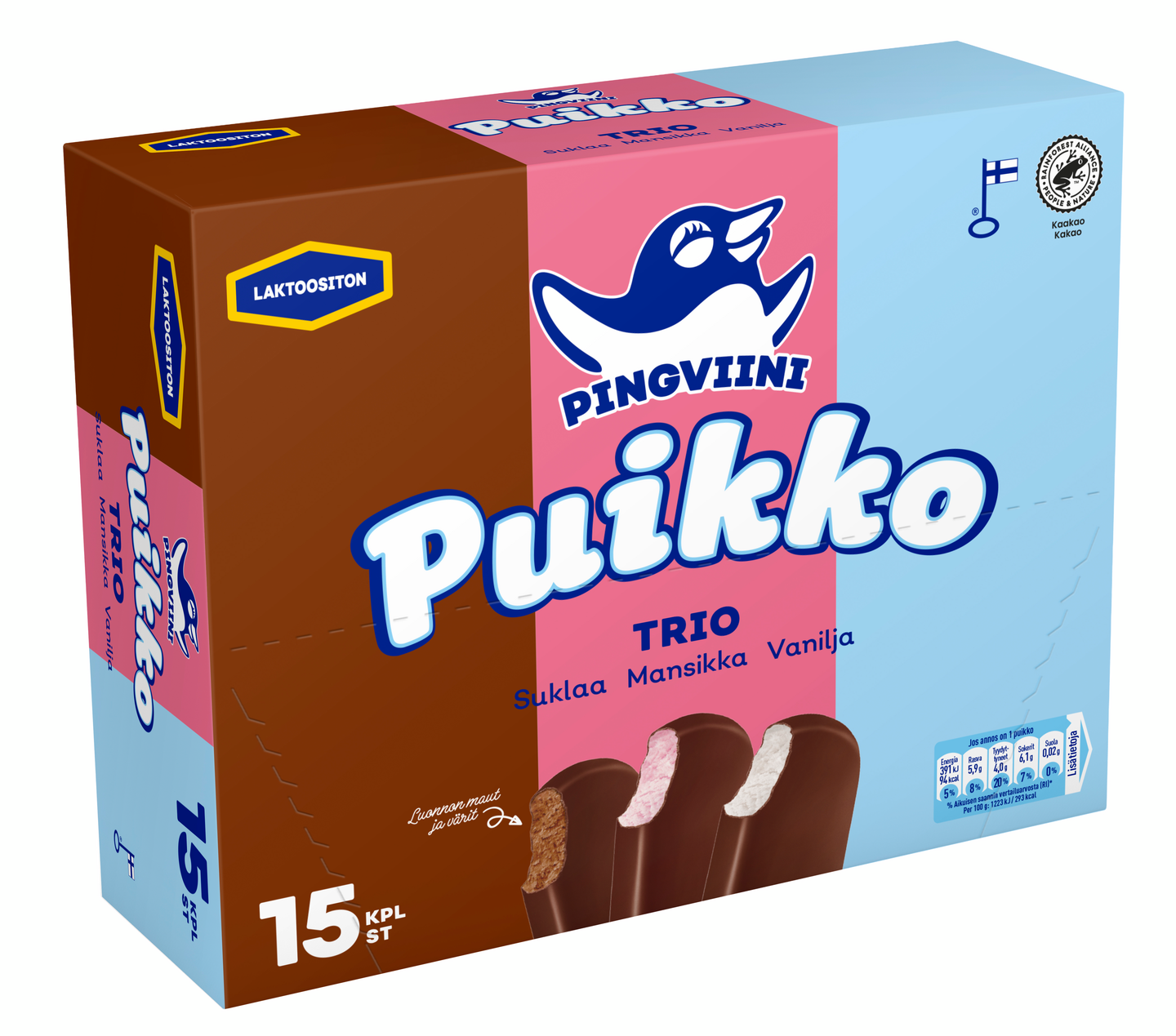 Pingviini Puikko laktoositon kermajäätelöpuikkolajitelma monipakkaus Trio 15x32g